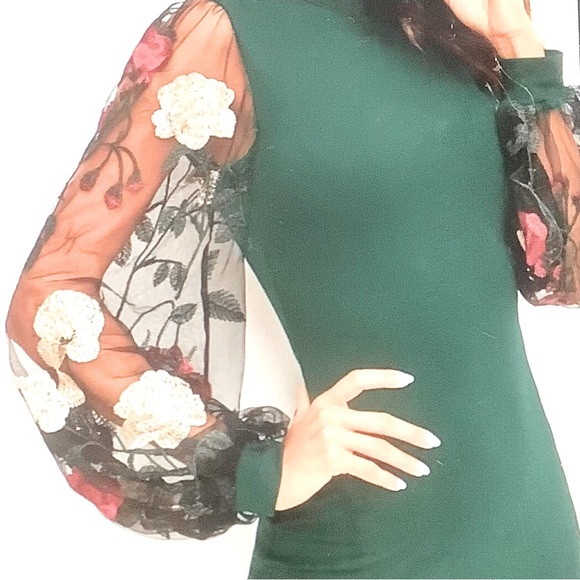 Flower Embroidered Green Pencil Dress M - Picture 2 of 7